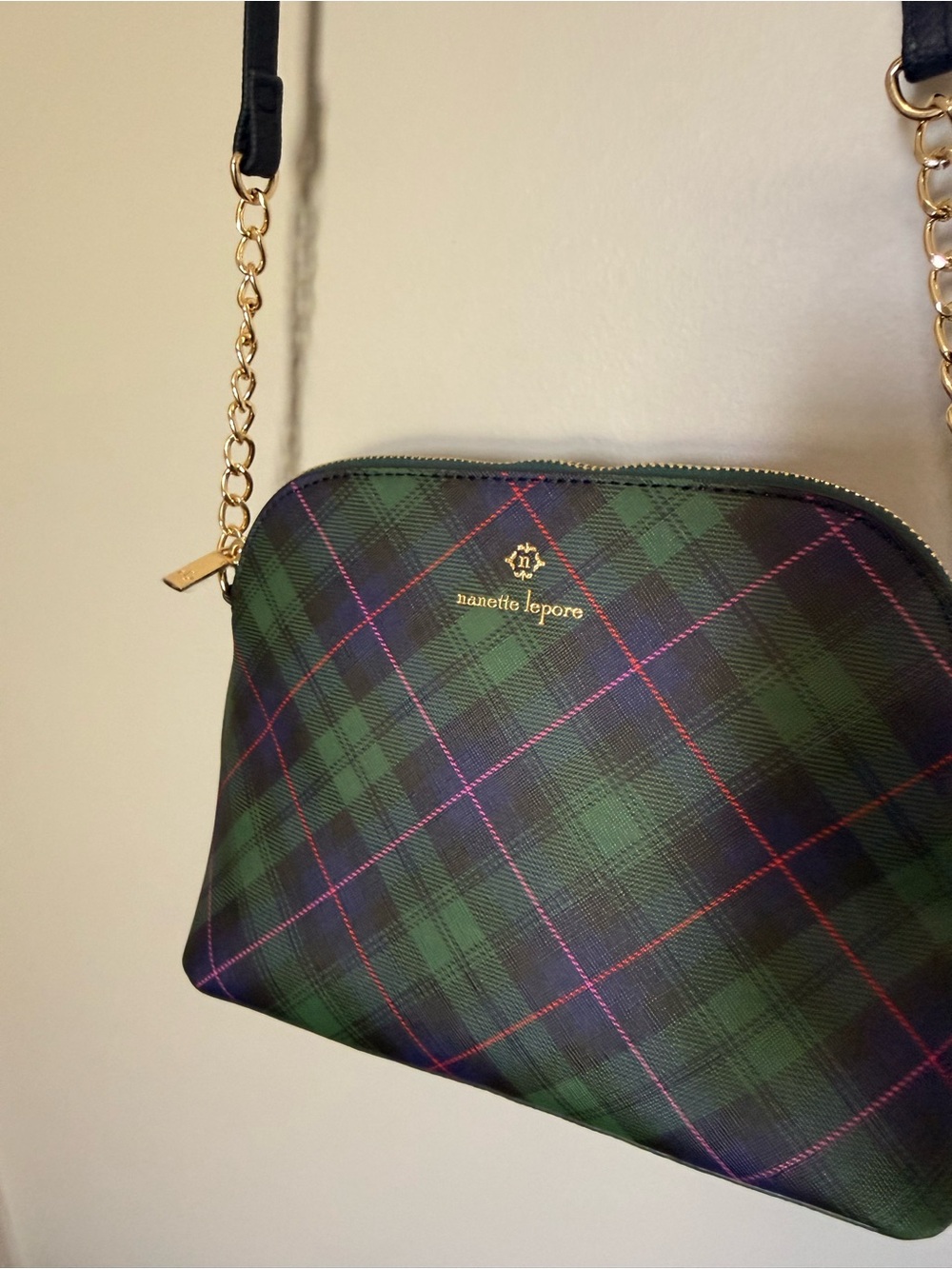 Nanette Lepore Green Plaid Crossbody with Gold Chain